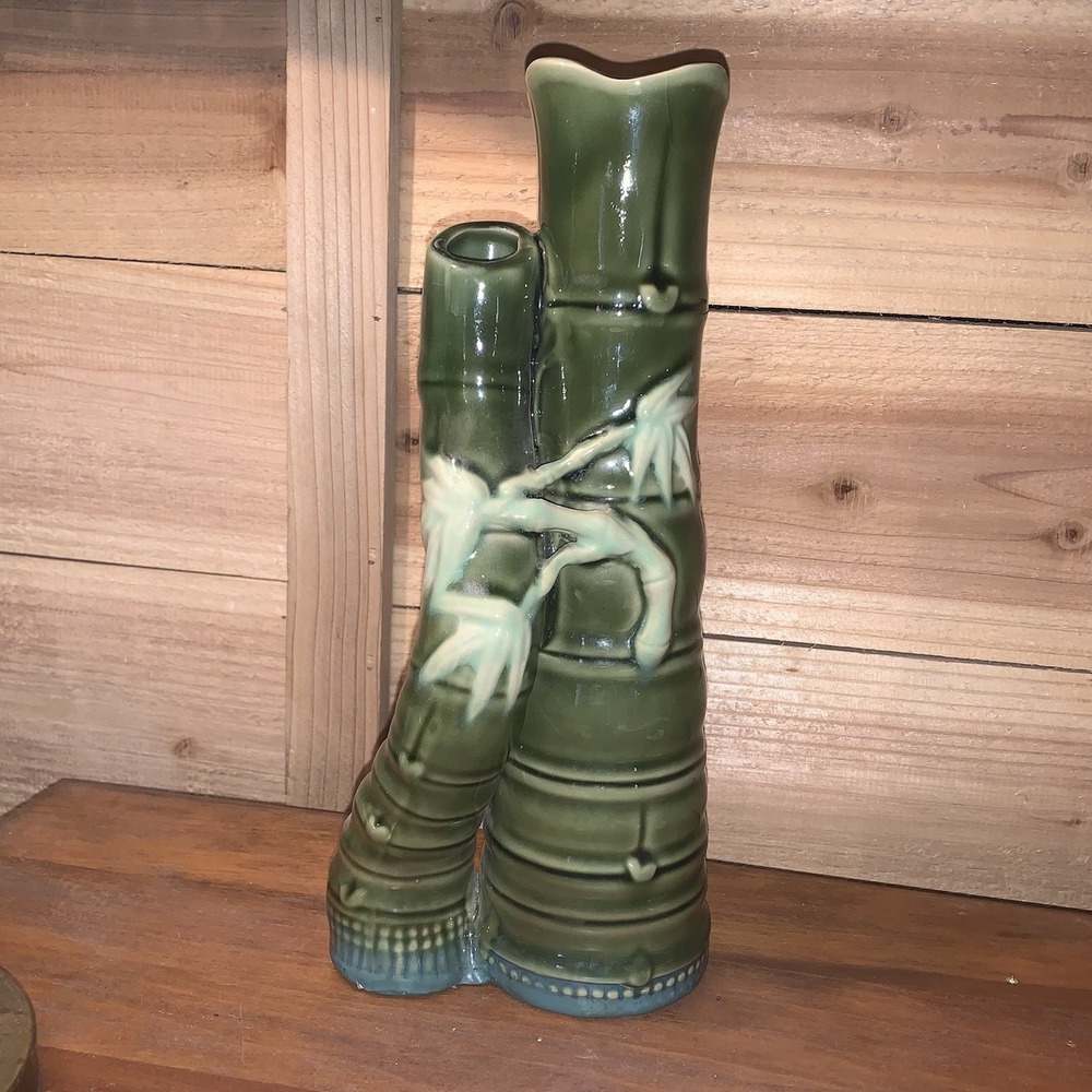 Vintage Majolica Vase Green Double Bamboo Stalks Planter Tiki Asian Ceramic EUC